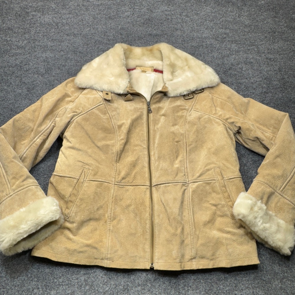 Wilsons Leather Jacket Womens XL Tan Suede Faux Fur Penny Lane Aviator Moto Coat